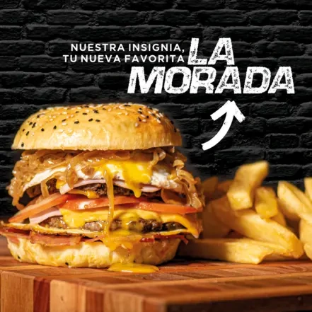 Burger La Morada con papas. Nuestra insignia, tu nueva favorita.